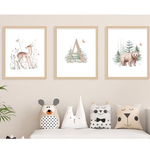 Impresiones personalizadas de vivero de bosques, Impresión digital de animales salvajes, Arte de pared con nombre de vivero de bosque, Impresión personalizada de niña, Signo de nombre personalizado inicial