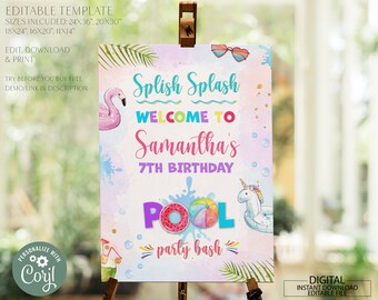 Editable fiesta en la piscina signo de bienvenida fiesta de verano imprimible Splish Splash signo de bienvenida chica cumpleaños piscina fiesta Bash cumpleaños descarga instantánea