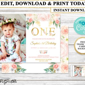 Editable 1st Blush Pink Floral Baby&#39;s First Birthday, One Birthday Invitation Instant Download, Floral Girl&#39;s Birthday Invitation with Photo