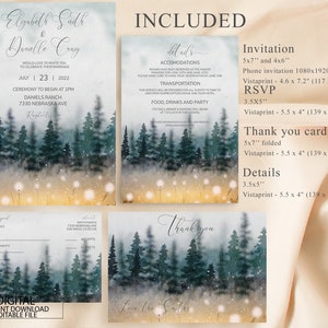 Bearbeitbare Berghochzeitseinladungsvorlagen-Set, Waldkiefer-Hochzeitseinladungsbündel, rustikale Hochzeitseinladung, druckbare Hochzeitseinladung