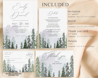 Editable Mountain Wedding Invitation Template Set, Printable Wedding Bundle, Rustic Wedding Invite, RSVP Card, Details Card, Thank you Card