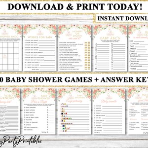 Floral Baby Shower Games Bundle, Girl Pink Floral Baby Shower Games Package, Baby Shower Printable Games, Bunny Baby Shower Games Printable