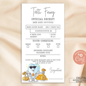 Editable Tooth Fairy Receipt Printable Certificate, Tooth Fairy Letter, Tooth Fairy Note, Lost Tooth Report, First Tooth Certificate