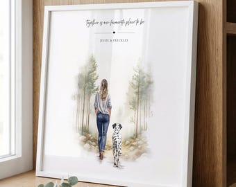 Custom Dog Portrait from Photo, Woman and Dog Print, Pet Illustration Gift for Dog Lover, Dog Walking Artwork, Personalised Pet Wall Art