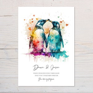 Stampa personalizzata di coppia di pinguini, Pinguini innamorati, Regalo di anniversario di carta, Regalo di nozze, Giorno di San Valentino, Regalo per lui o lei, Coppie