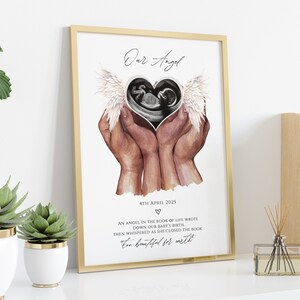 Puede incluir: Una ilustraci&oacute;n de acuarela de dos manos sosteniendo un coraz&oacute;n con una imagen de ultrasonido dentro. El coraz&oacute;n tiene alas de &aacute;ngel y el texto "Our Angel" est&aacute; escrito sobre el coraz&oacute;n. El texto "4th April 2025" est&aacute; debajo del coraz&oacute;n. El texto "An angel in the book of life wrote down our baby's birth. Then whispered as she closed the book, Too beautiful for earth" est&aacute; debajo de la fecha.
