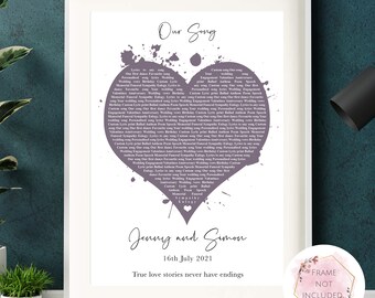 Personalised Lyrics Heart Shaped Print, Our Song, Memorial Song, Anniversary Gift, Valentines, First Dance, Funeral, Wedding, Bride & Groom