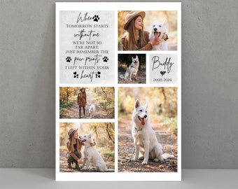 May include: A collage of photos of a white dog with a woman. The text reads "When tomorrow starts without me we're not so far apart. Just remember the paw prints I left within your heart." and "Buddy 2008-2024".