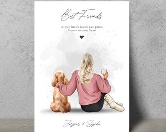 Pet & Owner Print, Pet Print, Personalised Print, Pet Portrait, Lady And Dog Print, Mother&#39;s Day Gift, Dog Lover Gift, Gift for Her, Dog mum