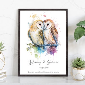 Personalised Barn Owl couple print, Owls in Love, Paper Anniversary Gift, Wedding gift, Valentines day, Gift for him or her, Couples