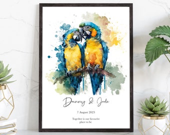 Personalised Parrot print, Parrots in Love, Paper Anniversary Gift, Wedding gift, Valentines day, Gift for him or her, Couples