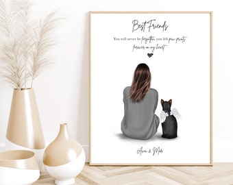 Cat and Owner Print, Custom Family Pet Portrait, Personalised Cat Gift, Pet memorial gift, Cat Lovers Gift
