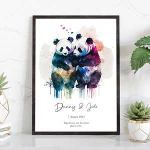 Personalised Panda print, Pandas in Love, Paper Anniversary Gift, Wedding gift, Valentines day, Gift for him or her, Couples