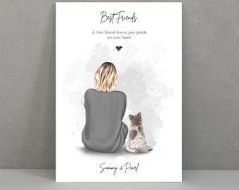 Custom Cat and Owner Portrait Print: Personalized Pet Memorial Gift