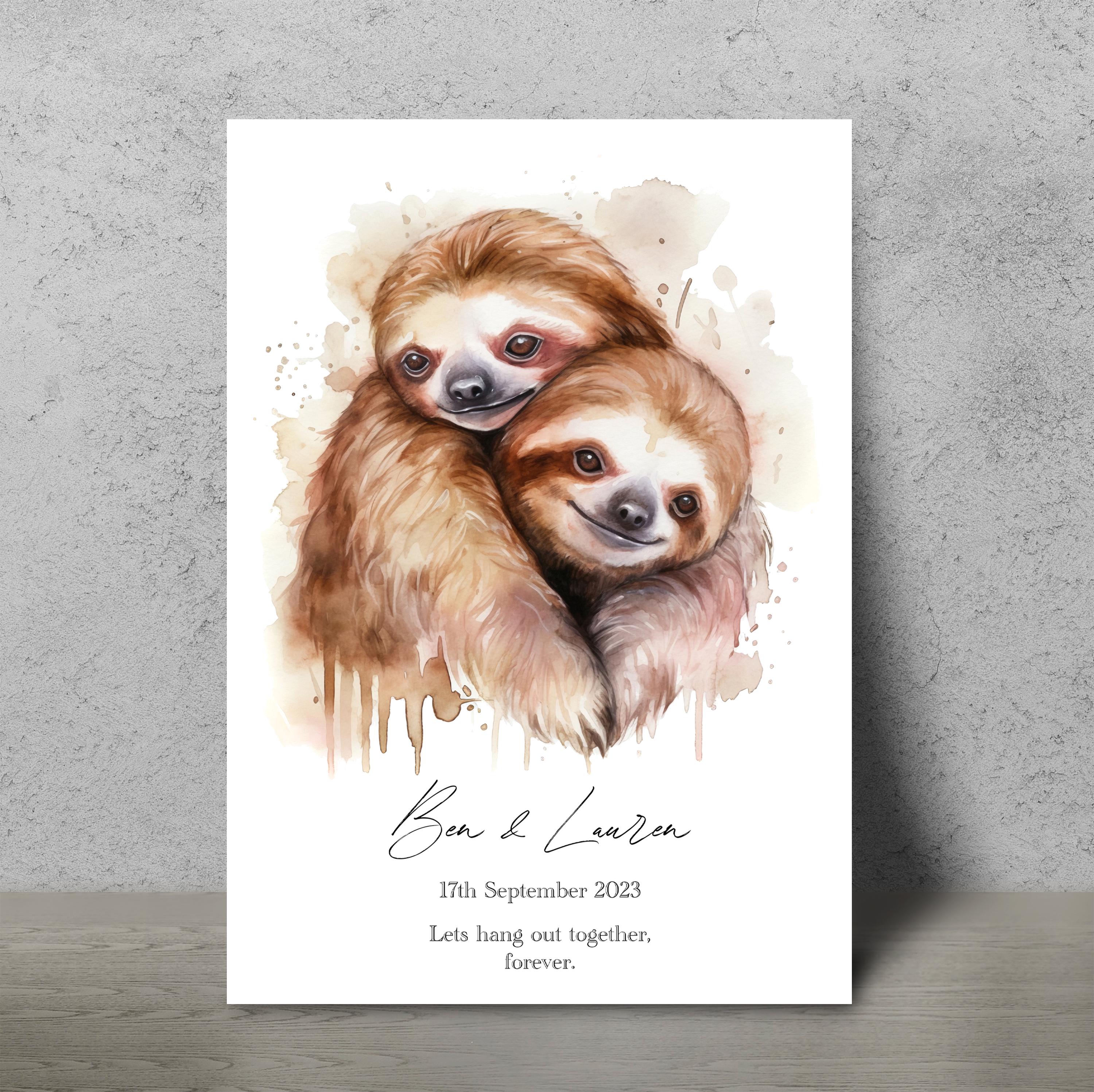 Personalised Sloth Couple Print, Sloths in Love, Paper Anniversary