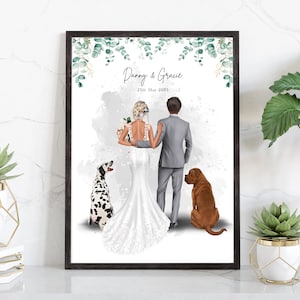 Sposa e sposo personalizzati con cane, stampa di matrimonio, regalo di nozze, sposi, regali di sig.ra e sig.ra, illustrazione di nozze