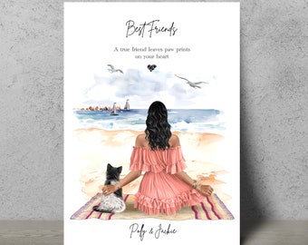 May include: A watercolor illustration of two best friends sitting on a beach with a cat. The text reads "Best Friends. A true friend leaves paw prints on your heart.  Ruby & Jackie."