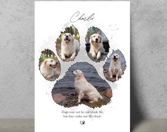 Colagem de fotos personalizada com pegadas de patas: presente em memória de cachorro