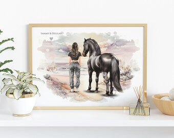 Personalized Horse & Woman Art Print: Equestrian Gift, Custom Names