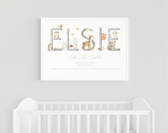 Woodland Animal Name Print: Personalised Baby Girl Nursery Decor