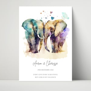 Personalised Elephant couple print, Elephants in Love, Paper Anniversary Gift, Wedding gift, Valentines day, Gift for him or her, Couples
