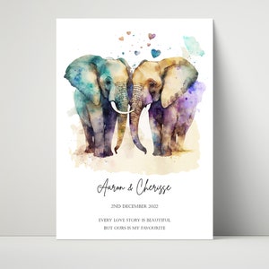 Impresión personalizada de pareja de elefantes, Elefantes enamorados, Regalo de aniversario de papel, Regalo de boda, Día de San Valentín, Regalo para él o ella, Parejas