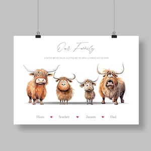 Stampa personalizzata di una famiglia di mucche delle Highlands, illustrazione personalizzata di simpatici animali da fattoria, regalo divertente da parete per famiglie, regalo per mamma, papà, nonna