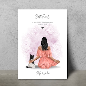 Kat & eigenaar print, huisdier print, gepersonaliseerde print, huisdier portret, dame en kat print, Moederdag cadeau, kat minnaar cadeau, cadeau voor haar