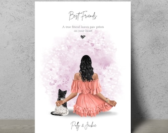 May include: A pink and white watercolor background with a woman in a pink dress and a black and white cat. The text "Best Friends" is at the top of the image, and the text "A true friend leaves paw prints on your heart" is below it. The text "Polly & Jackie" is at the bottom of the image.