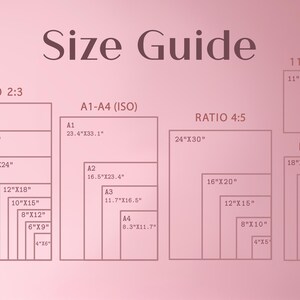 Puede incluir: Una gu&iacute;a de tama&ntilde;os para impresiones con diferentes relaciones de aspecto y tama&ntilde;os. La gu&iacute;a incluye tama&ntilde;os de papel est&aacute;ndar como A1, A2, A3 y A4, as&iacute; como relaciones comunes como 2:3, 3:4 y 4:5. Los tama&ntilde;os se enumeran en pulgadas.