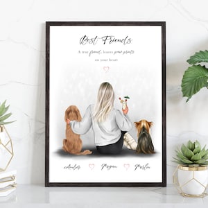 Pet & Owner Print, Pet Print, Personalised Print, Pet Portrait, Woman and 2 Dogs, Mother&#39;s Day Gift, Dog Lover Gift, Gift for Her