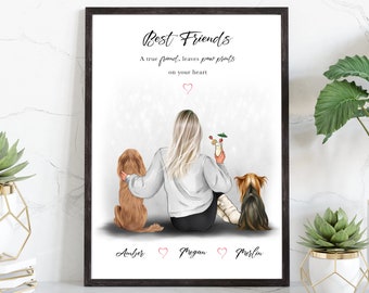 Pet & Owner Print, Pet Print, Personalised Print, Pet Portrait, Woman and 2 Dogs, Mother&#39;s Day Gift, Dog Lover Gift, Gift for Her