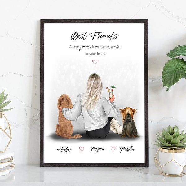 Pet & Owner Print, Pet Print, Stampa personalizzata, Pet Portrait, Woman and 2 Dogs, Mother's Day Gift, Dog Lover Gift, Gift for Her