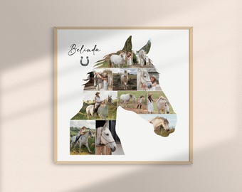 Impresión de collage de fotos de caballos personalizada / Regalo personalizado para amantes de los caballos / Arte mural ecuestre / Silueta conmemorativa de caballo / Recuerdo del dueño del caballo