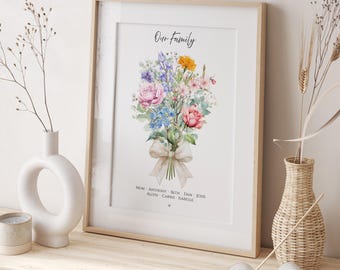 Personalised Birth Flowers Mum's Bunch Print, Grandma's Bunch, Mother's Day Gift, Personalised Family Print, Garden Print, Mum Nana Grandma