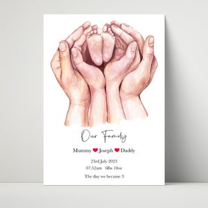 Personalised Family Of 3 Print, Family Hands & Baby Feet Print, New Parents Gift, New Baby, Family Print, New Born Gift, Multicultural Hands