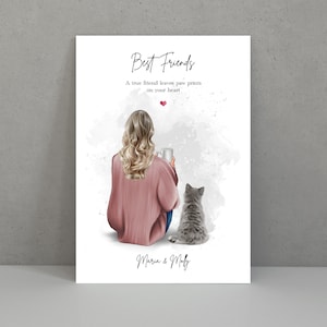 Cat & Owner Print, Pet Print, Personalised Print, Pet Portrait, Lady And Cat Poster, Mother&#39;s Day Gift, Cat Lover Gift, Present for Her