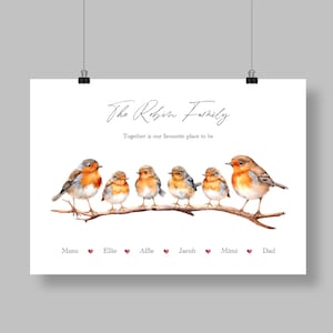 Stampa personalizzata della famiglia Robin, arte personalizzata degli uccelli, decorazione da parete dell'albero genealogico, regalo di animali carini, poster personalizzato, regalo per nonna e nonno