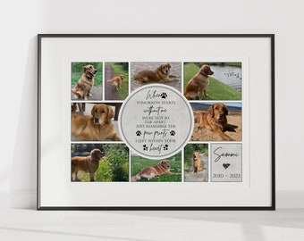 May include: A collage of photos of a golden retriever dog with the text "When tomorrow starts without me, we're not so far apart. Just remember the paw prints I left within your heart." and "Sammi 2010-2023".