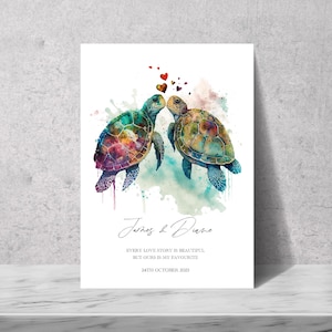 Impression personnalisée d'amour de tortues, cadeau personnalisé pour couple, décoration de mariage romantique, aquarelle souvenir d'anniversaire