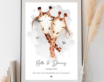 Personalised Giraffe couple print, Giraffe Love Print, Paper Anniversary Gift, Wedding gift, Valentines day, Gift for him or her, Couples