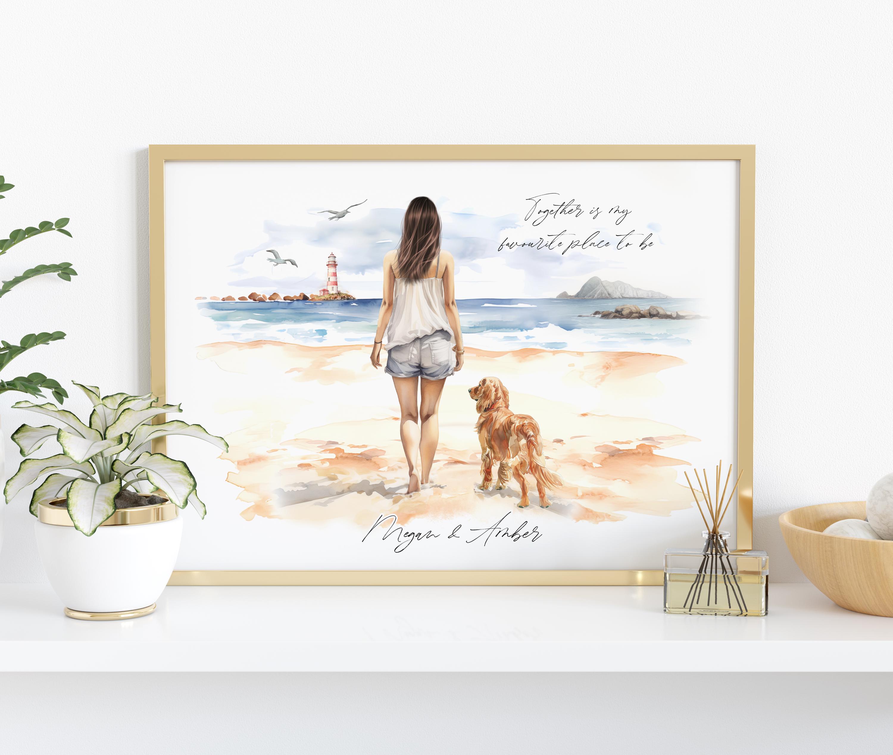 Personalised Girl with Dog Print, Dog Mum walking on Beach, Pet Print, Our Family poster, Dog Gifts, Pet and Owner picture, Pet lover gift