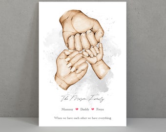 Family hands Print, Family of 3 Personalised Family Print, New Parents Gift, New Baby, Family Print, New Born Gift, Multicultural Family