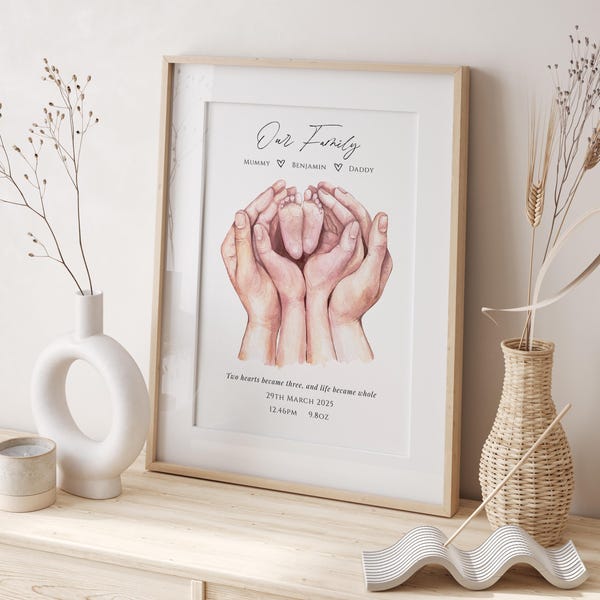 Impression personnalisée de mains de famille, oeuvre d'art personnalisée de statistiques de naissance, cadeau déco pour chambre d'enfant, cadeau nouveau-né pour parents, cadeau de baptême