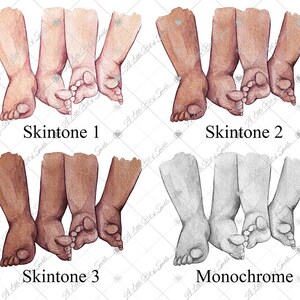 Puede incluir: Cuatro ilustraciones de acuarela de pies de beb&eacute;, mostrando diferentes tonos de piel. La primera imagen muestra piel clara, la segunda muestra piel media, la tercera muestra piel oscura y la cuarta muestra una imagen monocrom&aacute;tica.