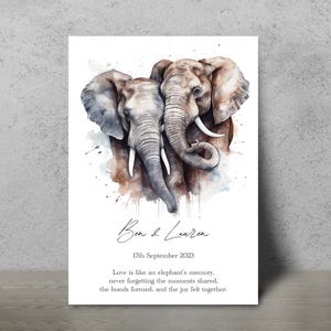 Gepersonaliseerde olifantenpaarprint, verliefde olifanten, papier jubileumcadeau, huwelijkscadeau, Valentijnsdag, cadeau voor hem of haar, koppels