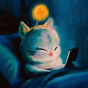 May include: An oil painting on canvas depicting a small, white, cat-like creature with a glowing yellow orb floating above its head. The creature has closed eyes, a small pink nose, and is looking down at a black rectangular device in its hands.