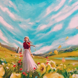 May include: An oil painting depicting a figure with braided hair wearing a red top and a long light-colored skirt standing in a vibrant meadow filled with yellow and red wildflowers under a bright blue sky with swirling white clouds and petals.