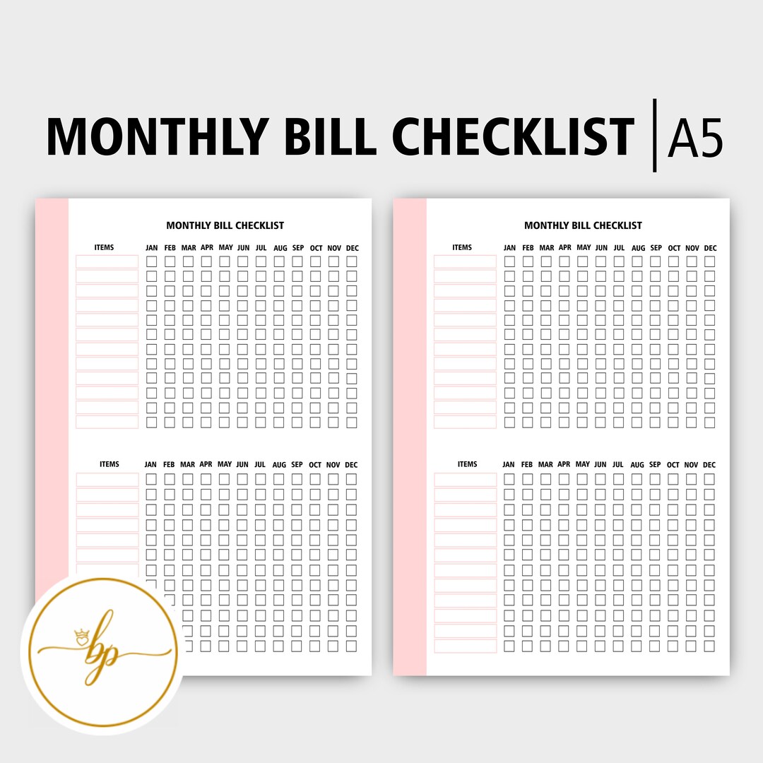 A5 Monthly Bill Checklist Printable Insert - Etsy