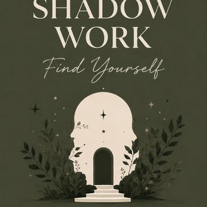 May include: A dark olive green digital cover for a 30 day course titled SHADOW WORK Find Yourself. It features a cream-colored silhouette of a head with a central arched doorway, flanked by dark leaves, with the text A JOURNEY TO HEAL, GROW, AND BECOME YOUR TRUEST SELF.